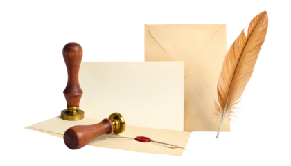 Composition with a vintage theme featuring stationery envelopes, paper, sealing wax, and a quill