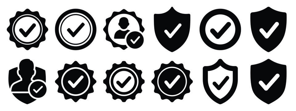 Minimalist black silhouette of a badge verified vector icon set.