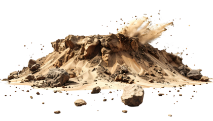 A pile of sand and rocks erupts with a plume of dust