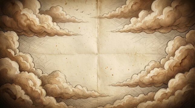Vintage style drawing of fluffy clouds framing an aged parchment with an empty center