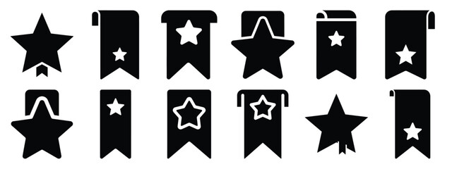 Minimalist black silhouette of a bookmark star vector icon set.