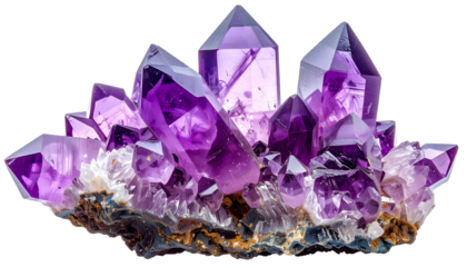 Cluster of vibrant amethyst crystals, showcasing rich purple hues and geometric facets