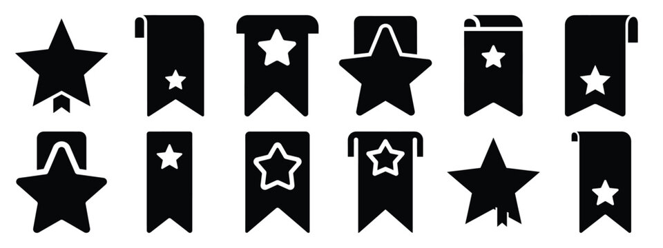 Minimalist black silhouette of a bookmark star vector icon set.