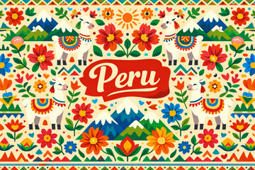 Seamless Peruvian Folk Art Pattern Vector with Llamas, Flowers, Mountains, and Geometric Shapes