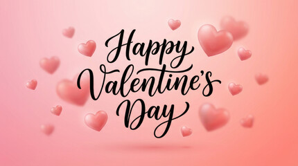 Happy valentines day text with floating pink heart shapes on a gradient background of pink and peach colors