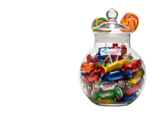 Large Glass Jar Filled with Assortment of Colorful Wrapped Hard Candies and Lollipops on White Background