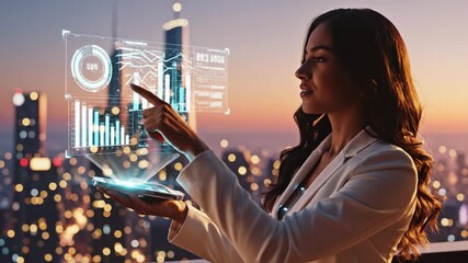 Woman analyzing data on tablet with cityscape background at dusk - Powered by Adobe