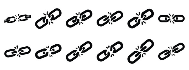 Minimalist black silhouette of a chain broken vector icon set.