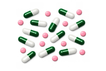 Assortment of pharmaceutical products, including green and white capsules and small pink tablets, scattered across a transparent background
