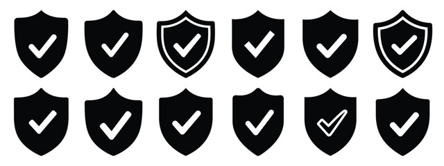 Minimalist black silhouette of a check shield vector icon set.