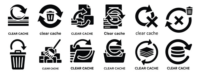 Minimalist black silhouette of a clear cache vector icon set.