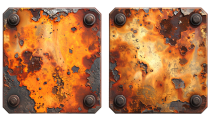 Two symmetrical rusted metal plates with rivets, exhibiting decay and textural detail