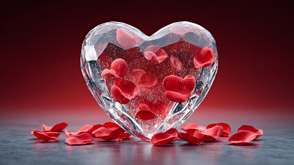 Clear glass heart with pink rose petals inside, resting on a wet surface. A romantic symbol of love, tenderness, and emotion.