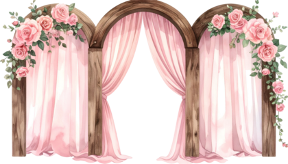 Watercolor illustration of a floral archway with pink draping, fit for a wedding