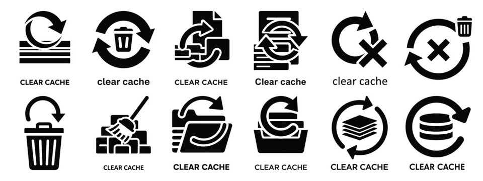 Minimalist black silhouette of a clear cache vector icon set.
