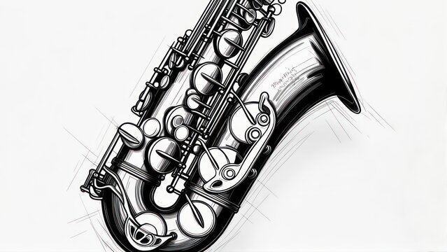 Detailed Black and White Illustration of a Saxophone on White Background.