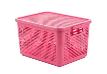 Pink plastic perforated storage basket with lid for laundry or organization, isolated on white background