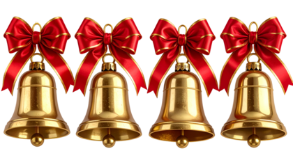 Four golden bells adorned with red bows and gold trim, set against a black backdrop