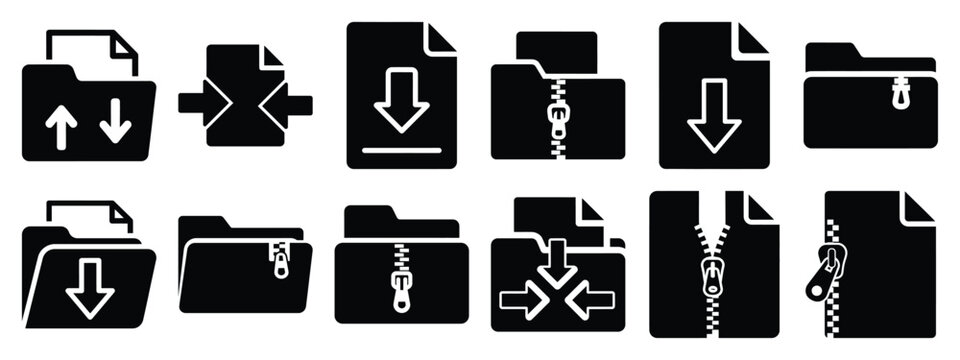 Minimalist black silhouette of a compress file vector icon set.