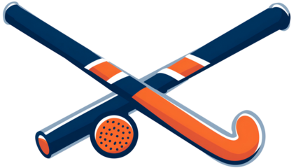 Crossed field hockey sticks with a ball, dark blue, orange and white on black