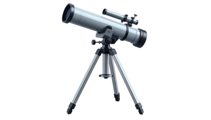 A fully rendered, light-gray telescope mounted on a tripod against a black background