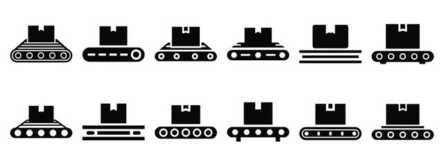 Minimalist black silhouette of a conveyor package vector icon set.