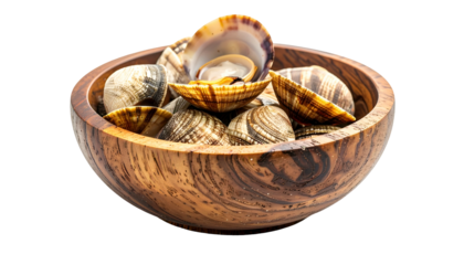 A wooden bowl overflowing with fresh clams, some opened, against a black background