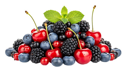 Fresh Mixed Berries Pile with Blackberries Blueberries Cherries and Red Currants Topped with Mint Leaf Isolated on White
