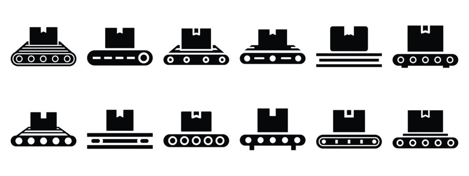 Minimalist black silhouette of a conveyor package vector icon set.
