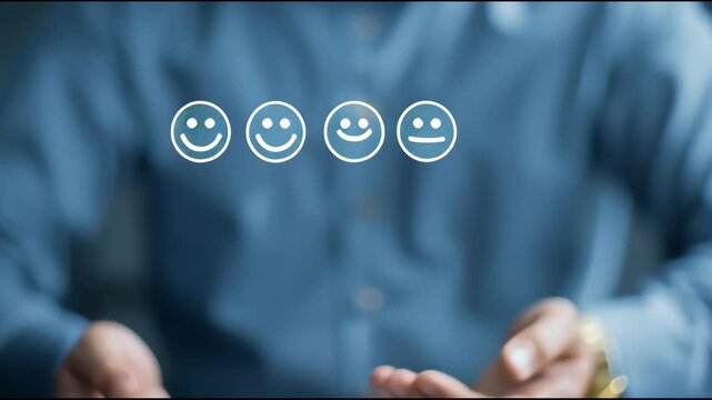 Customer satisfaction survey with smiley faces in hands, representing feedback
