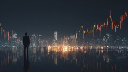 Man in silhouette stands before a cityscape and glowing financial data graph