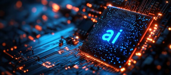 Glowing AI chip on a dark, futuristic circuit board with illuminated data pathways and vibrant lights