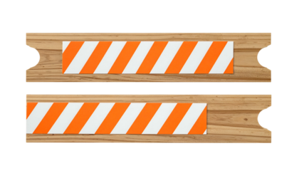 Two horizontally oriented wooden barriers with diagonal orange and white stripes, isolated on black