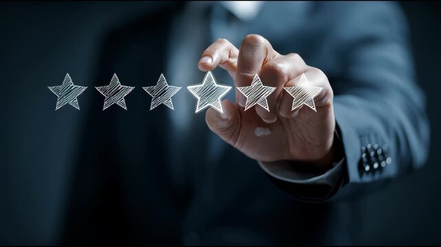 Businessman's hand selecting the fifth star for a perfect rating on a dark background