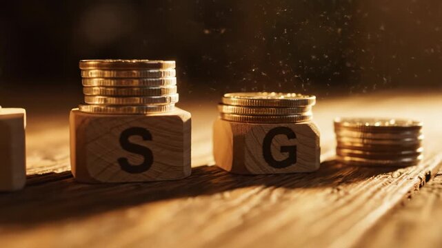 Esg concept represented by wooden blocks and coins stacked on table