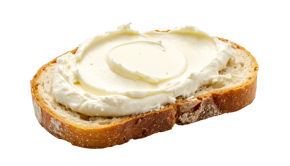 Slice of bread topped with thick, creamy spread, isolated against a transparent backdrop
