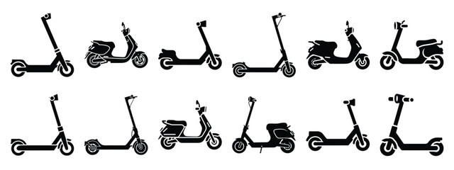 Minimalist black silhouette of a electric scooter vector icon set.