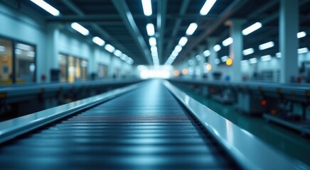 Digital manufacturing hall empty conveyor belts subtle techno glow on panels