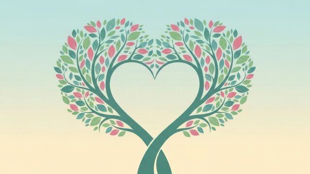 Heart shaped tree with pink flowers and green leaves on gradient background