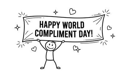 Happy Stick Figure Holding "Happy World Compliment Day!" Banner on Isolated White Background