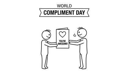 Two Stick Figures Celebrating World Compliment Day, One Giving "You're Awesome!" Compliment on Isolated White Background