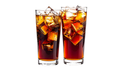 Two tall glasses filled with a dark, fizzy beverage and ice cubes, on black