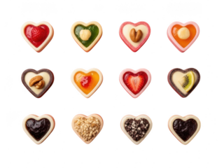 Heart-shaped pastries with assorted toppings isolated on transparent background