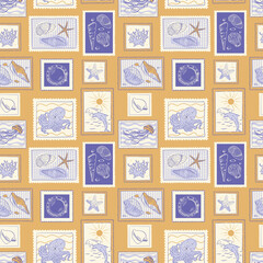 Marine life postage stamps. Vector seamless pattern in blue vintage hand drawn style.
