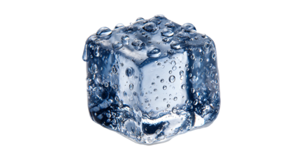Isolated, clear ice cube with water droplets, against a black background