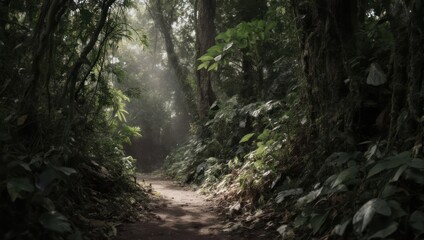 A sunlit path winds through a lush, overgrown forest, dappled with light and shadows