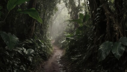 A winding dirt path disappears into a misty forest, flanked by lush green foliage