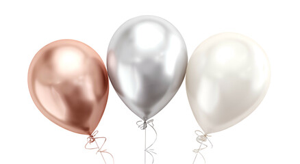 Three reflective, spherical orbs rose, silver, and cream-colored, against black