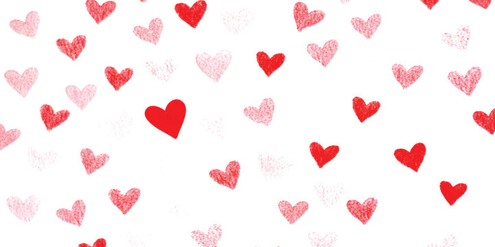 A beautiful pattern of scattered red and pink hearts on a white background, symbolizing love and affection