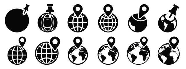 Minimalist black silhouette of a globe pin vector icon set.